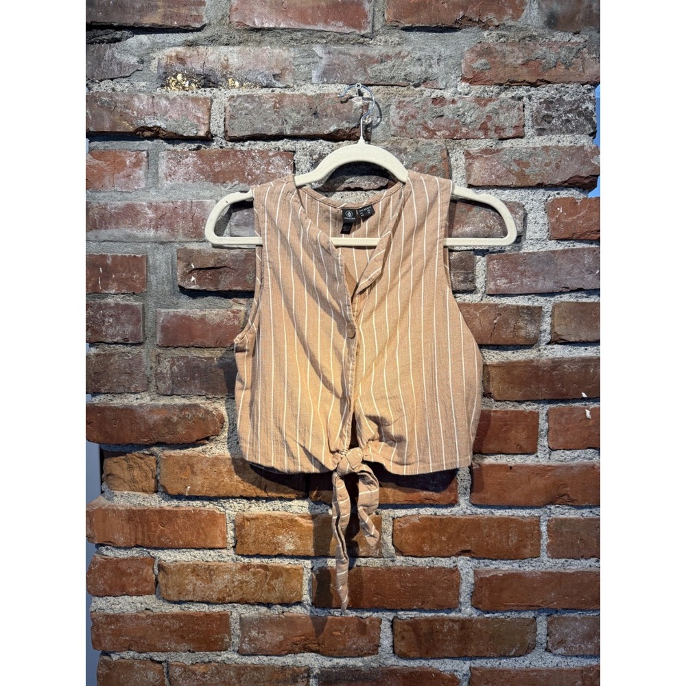Volcom Coco Ho XS Tan Pinstriped Crop Top Vest Button Tie
